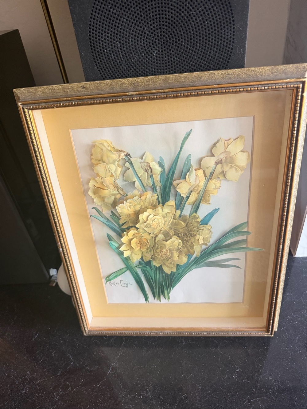 Daffodil 3D art framed and signed by artist Paul de Longpré 17-1/2” x14”